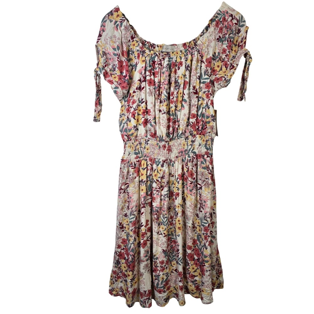 LIVE &‎ LET LIVE Floral Off Shoulder Smocked Waist Dress Women Size S Natural